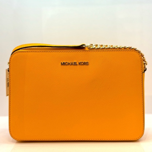 Michael Kors Jet Set Large Saffiano Leather Crossbody Bag Pop Orange Multi - Picture 1 of 8